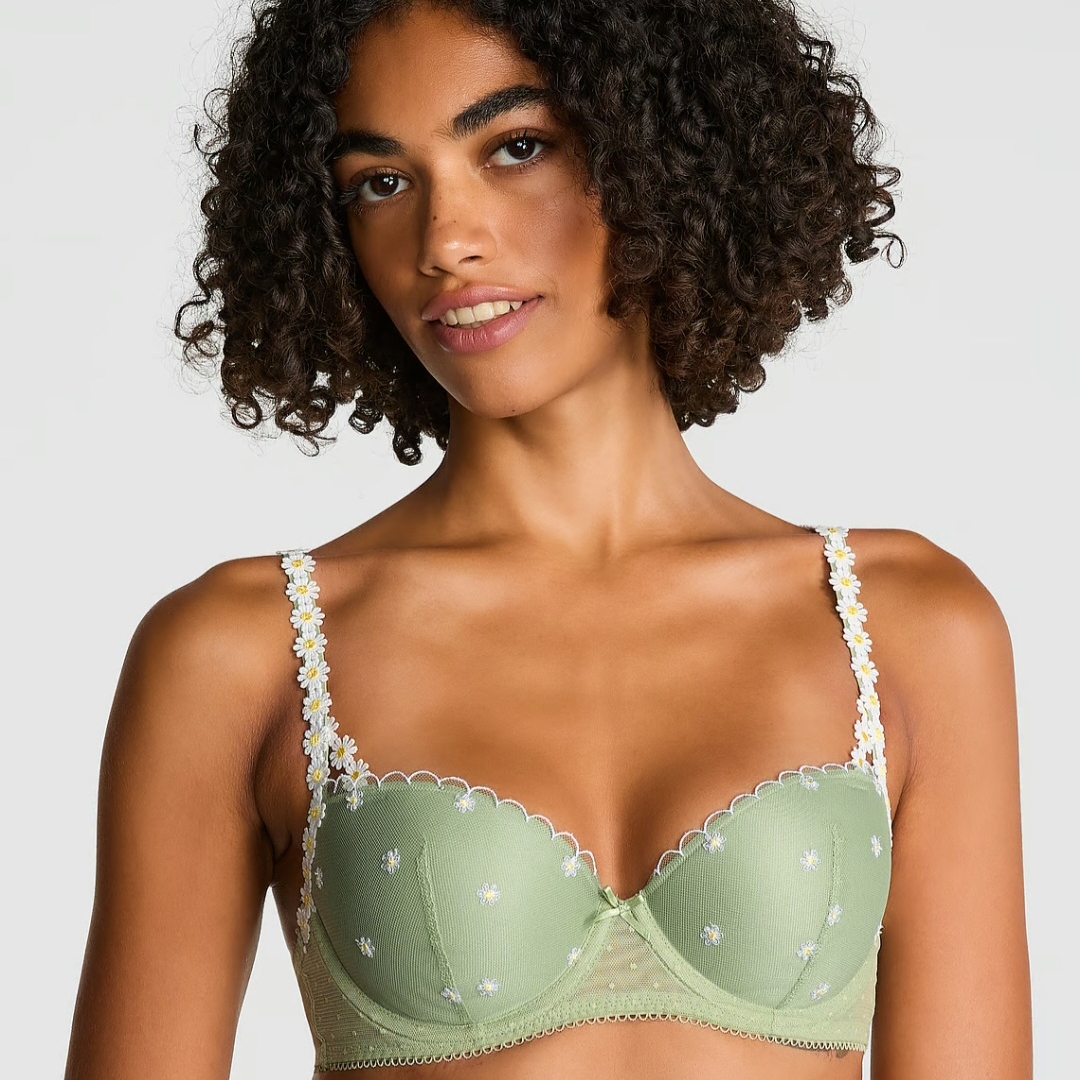 Floral Embroidered Green Bra